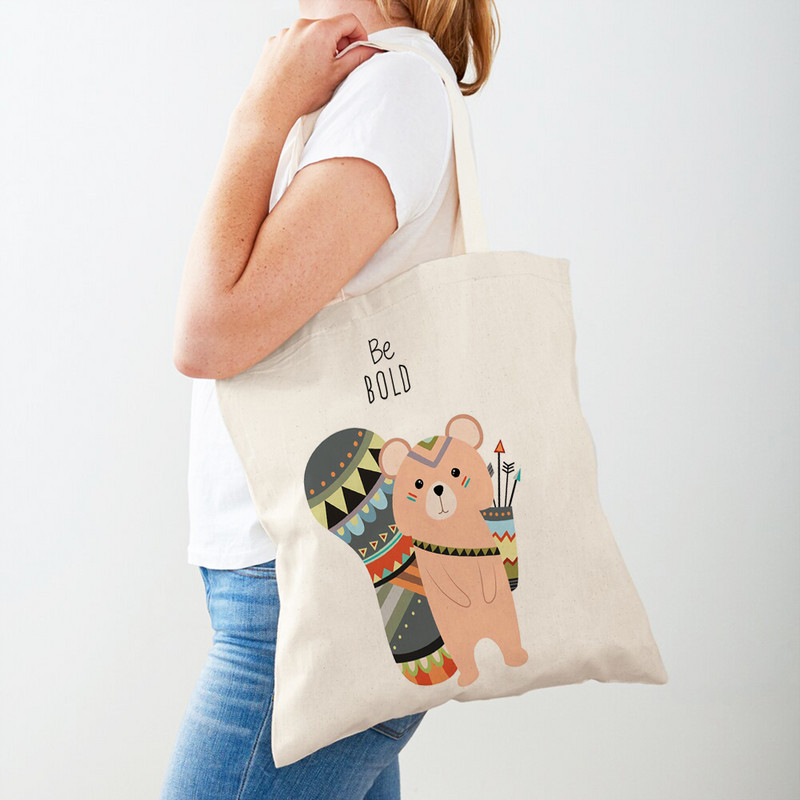 Be Brave Lion Fox Giraffe Дамски чанти за пазаруване през рамо Сладко анимационно животно с двоен принт Дамска дамска чанта за многократна употреба
