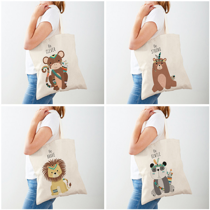 Be Brave Lion Fox Giraffe Дамски чанти за пазаруване през рамо Сладко анимационно животно с двоен принт Дамска дамска чанта за многократна употреба