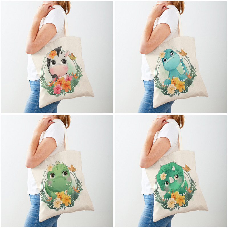 Динозавър Детски пазарски чанти Карикатура Цвете Листа Животни Ежедневни И двете щампи Дамска чанта Птица Жираф Платнена Дамска пазарска чанта Tote