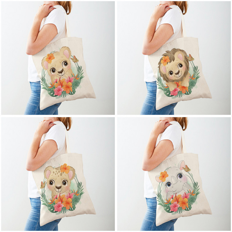 Динозавър Детски пазарски чанти Карикатура Цвете Листа Животни Ежедневни И двете щампи Дамска чанта Птица Жираф Платнена Дамска пазарска чанта Tote