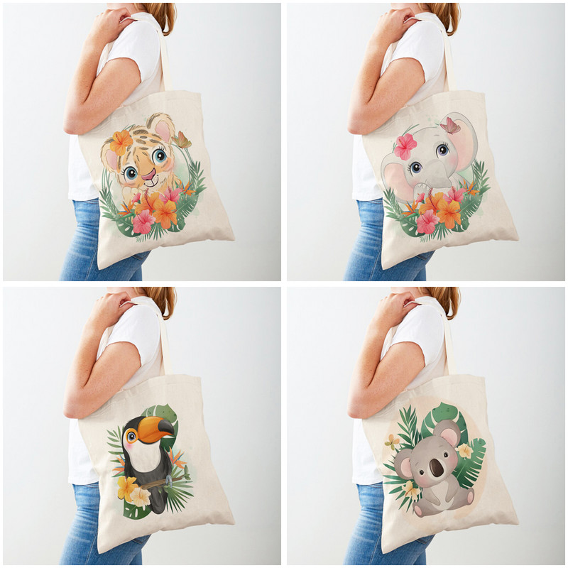 Динозавър Детски пазарски чанти Карикатура Цвете Листа Животни Ежедневни И двете щампи Дамска чанта Птица Жираф Платнена Дамска пазарска чанта Tote