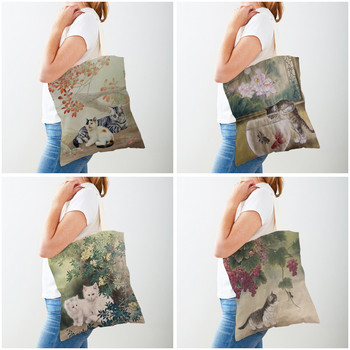 Animal Print Casual τσάντα αγορών Κινεζική μελάνη Cartoon Cat Women Shopper Τσάντες και στις δύο όψεις Επαναχρησιμοποιήσιμη γυναικεία τσάντα τσάντα καμβά