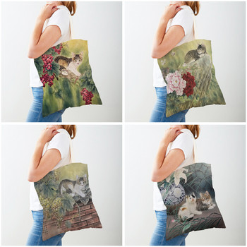 Animal Print Casual τσάντα αγορών Κινεζική μελάνη Cartoon Cat Women Shopper Τσάντες και στις δύο όψεις Επαναχρησιμοποιήσιμη γυναικεία τσάντα τσάντα καμβά