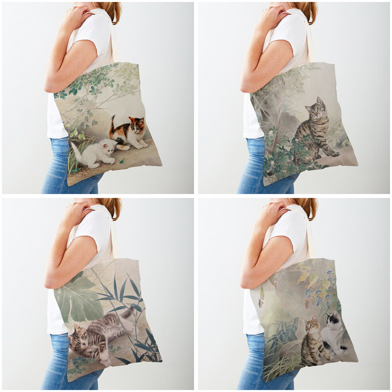 Ежедневна пазарска чанта с анимационен принт с китайско мастило Дамски чанти за пазаруване Двустранна дамска платнена чанта за многократна употреба