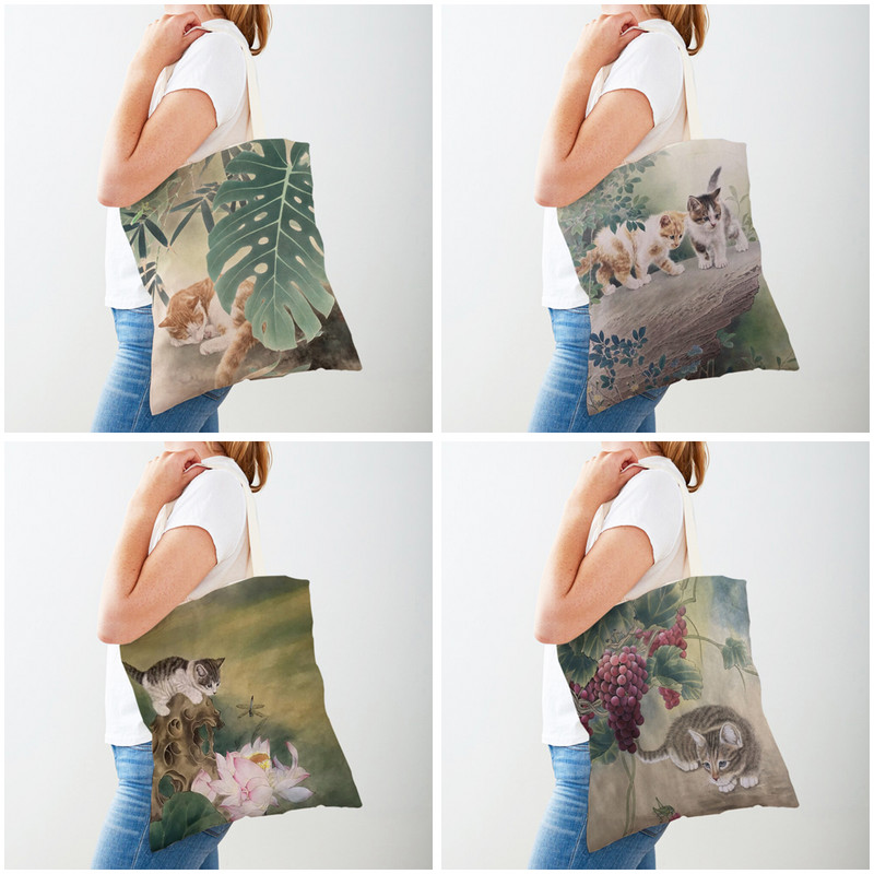 Ежедневна пазарска чанта с анимационен принт с китайско мастило Дамски чанти за пазаруване Двустранна дамска платнена чанта за многократна употреба