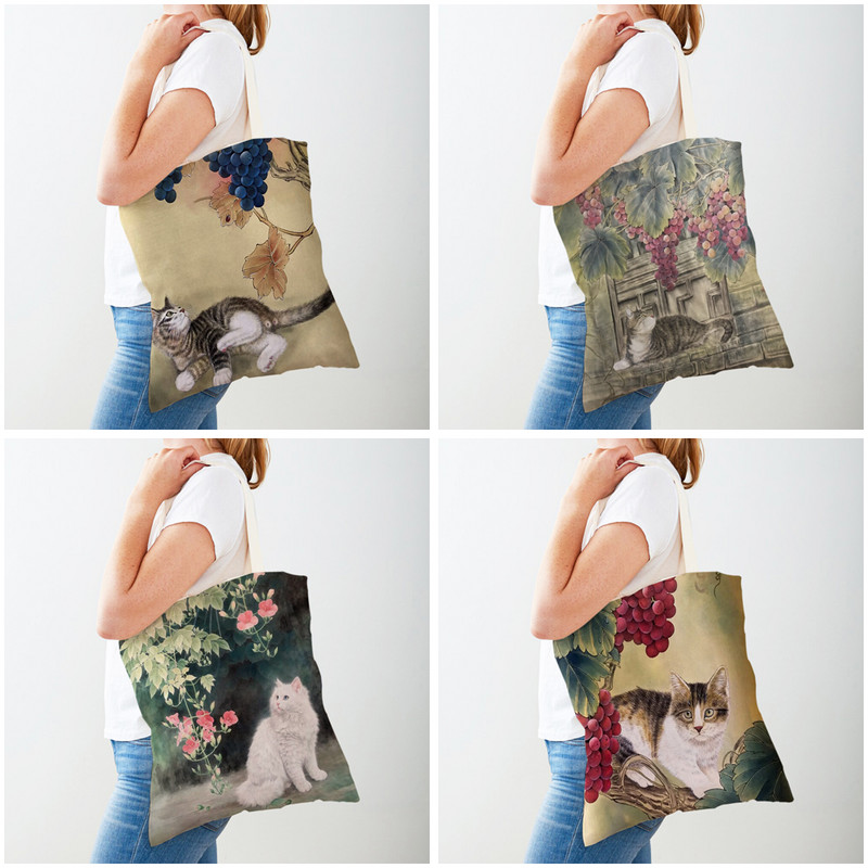 Ежедневна пазарска чанта с анимационен принт с китайско мастило Дамски чанти за пазаруване Двустранна дамска платнена чанта за многократна употреба