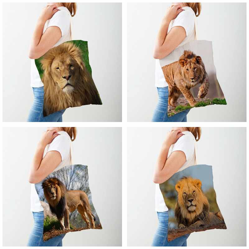 Дамски пазарски чанти African Brave Lion Платнена чанта за многократна употреба Двойна щампа Модна дамска чанта с диви животни