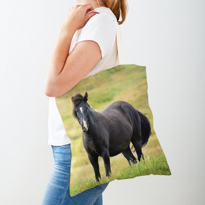 Alkalmi Horse Lady bevásárlótáska, kétoldalas nyomtatott újrafelhasználható vászon divatos vadon élő állatok utazási kézitáska női vásárlótáskáknak