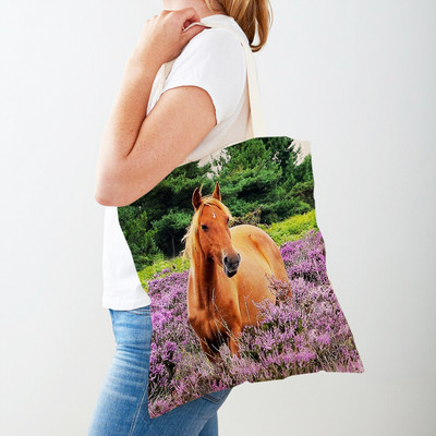 Alkalmi Horse Lady bevásárlótáska, kétoldalas nyomtatott újrafelhasználható vászon divatos vadon élő állatok utazási kézitáska női vásárlótáskáknak