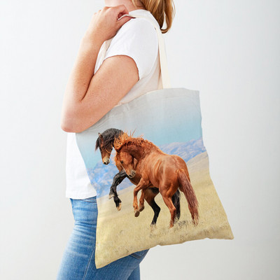 Alkalmi Horse Lady bevásárlótáska, kétoldalas nyomtatott újrafelhasználható vászon divatos vadon élő állatok utazási kézitáska női vásárlótáskáknak