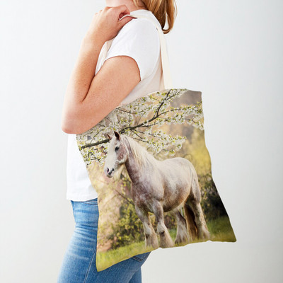 Alkalmi Horse Lady bevásárlótáska, kétoldalas nyomtatott újrafelhasználható vászon divatos vadon élő állatok utazási kézitáska női vásárlótáskáknak