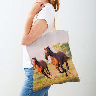 Alkalmi Horse Lady bevásárlótáska, kétoldalas nyomtatott újrafelhasználható vászon divatos vadon élő állatok utazási kézitáska női vásárlótáskáknak