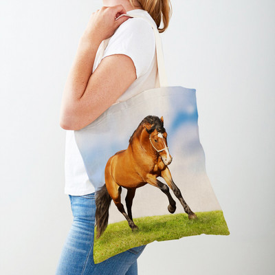 Alkalmi Horse Lady bevásárlótáska, kétoldalas nyomtatott újrafelhasználható vászon divatos vadon élő állatok utazási kézitáska női vásárlótáskáknak