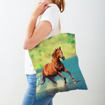 Alkalmi Horse Lady bevásárlótáska, kétoldalas nyomtatott újrafelhasználható vászon divatos vadon élő állatok utazási kézitáska női vásárlótáskáknak