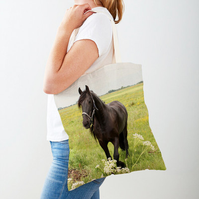 Alkalmi Horse Lady bevásárlótáska, kétoldalas nyomtatott újrafelhasználható vászon divatos vadon élő állatok utazási kézitáska női vásárlótáskáknak