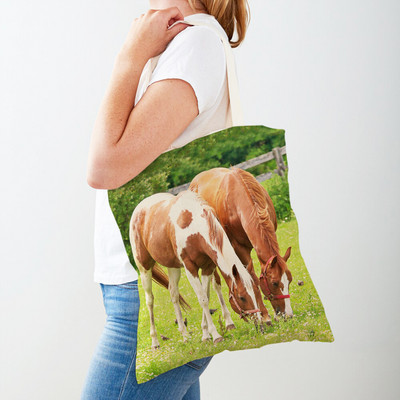 Alkalmi Horse Lady bevásárlótáska, kétoldalas nyomtatott újrafelhasználható vászon divatos vadon élő állatok utazási kézitáska női vásárlótáskáknak