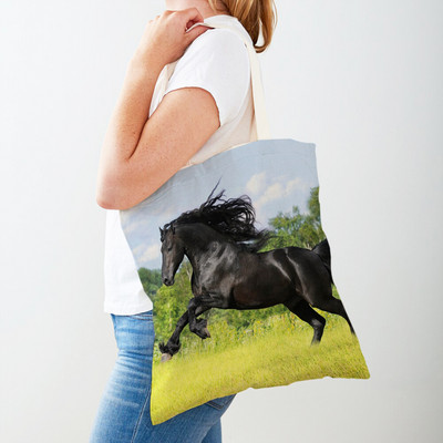 Alkalmi Horse Lady bevásárlótáska, kétoldalas nyomtatott újrafelhasználható vászon divatos vadon élő állatok utazási kézitáska női vásárlótáskáknak