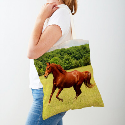 Alkalmi Horse Lady bevásárlótáska, kétoldalas nyomtatott újrafelhasználható vászon divatos vadon élő állatok utazási kézitáska női vásárlótáskáknak