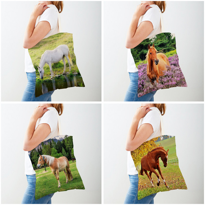 Ежедневна дамска пазарска чанта с коне Двустранен печат Платнена чанта за многократна употреба Модна дамска чанта за пътуване с диви животни за дамски чанти Shopper
