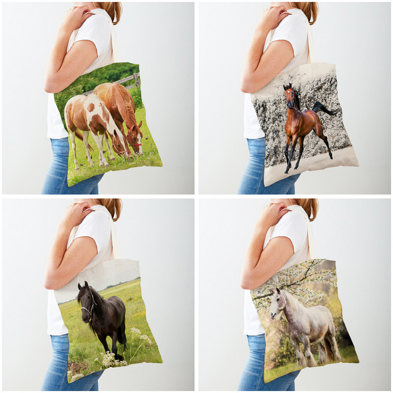 Ежедневна дамска пазарска чанта с коне Двустранен печат Платнена чанта за многократна употреба Модна дамска чанта за пътуване с диви животни за дамски чанти Shopper