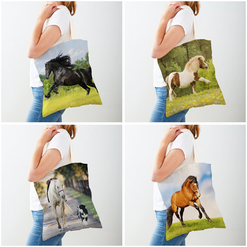 Ежедневна дамска пазарска чанта с коне Двустранен печат Платнена чанта за многократна употреба Модна дамска чанта за пътуване с диви животни за дамски чанти Shopper