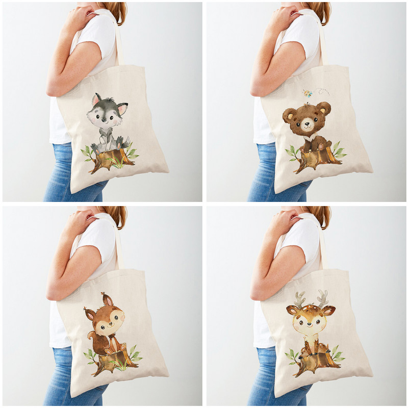 Сладка лисица, зайче, елен, мечка, вълк, миеща мечка, чанта за дамска чанта, чанта за пазаруване, чанта за супермаркет, анимационно платно, дамски чанти за пазаруване
