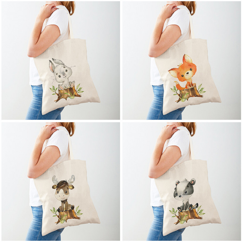 Сладка лисица, зайче, елен, мечка, вълк, миеща мечка, чанта за дамска чанта, чанта за пазаруване, чанта за супермаркет, анимационно платно, дамски чанти за пазаруване