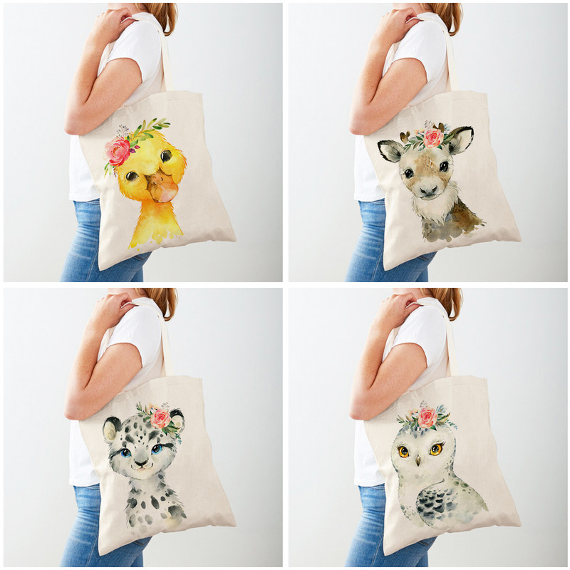 Цвете, зебра, жираф, хипопотам, лъв, пингвин, ежедневни пазарски чанти, животински сгъваема чанта за пазаруване Платнена платнена дамска чанта