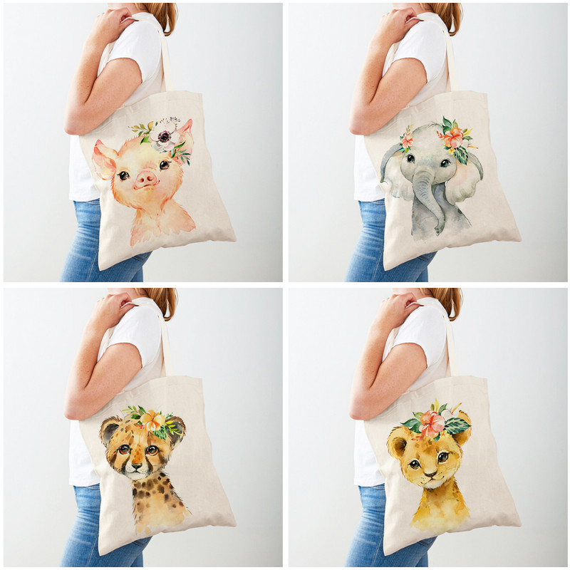 Цвете, зебра, жираф, хипопотам, лъв, пингвин, ежедневни пазарски чанти, животински сгъваема чанта за пазаруване Платнена платнена дамска чанта