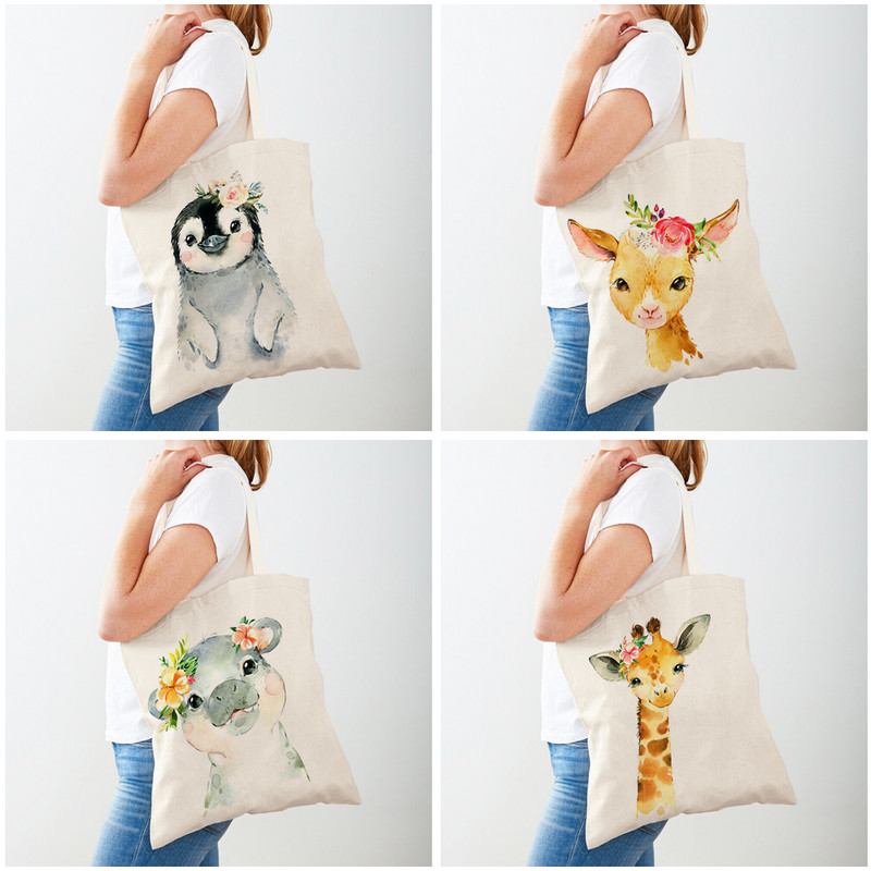 Цвете, зебра, жираф, хипопотам, лъв, пингвин, ежедневни пазарски чанти, животински сгъваема чанта за пазаруване Платнена платнена дамска чанта