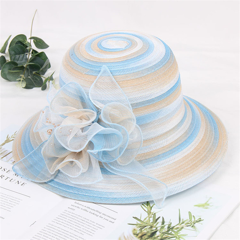 Модна дамска дантелена църковна шапка с цветя с флорална лятна шапка с широка периферия Елегантни шапки за сватбено тържество Плажни слънцезащитни шапки