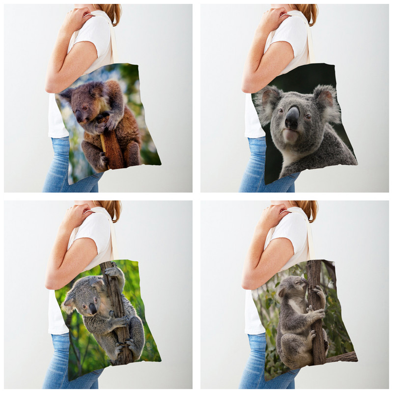 Дамски пазарски чанти с принт на австралийска коала, дамски пазарски чанти с животни, двустранно сгъваеми, ежедневни платнени чанти през рамо