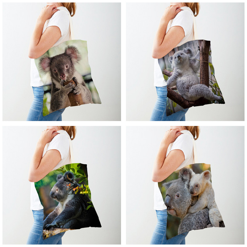 Дамски пазарски чанти с принт на австралийска коала, дамски пазарски чанти с животни, двустранно сгъваеми, ежедневни платнени чанти през рамо