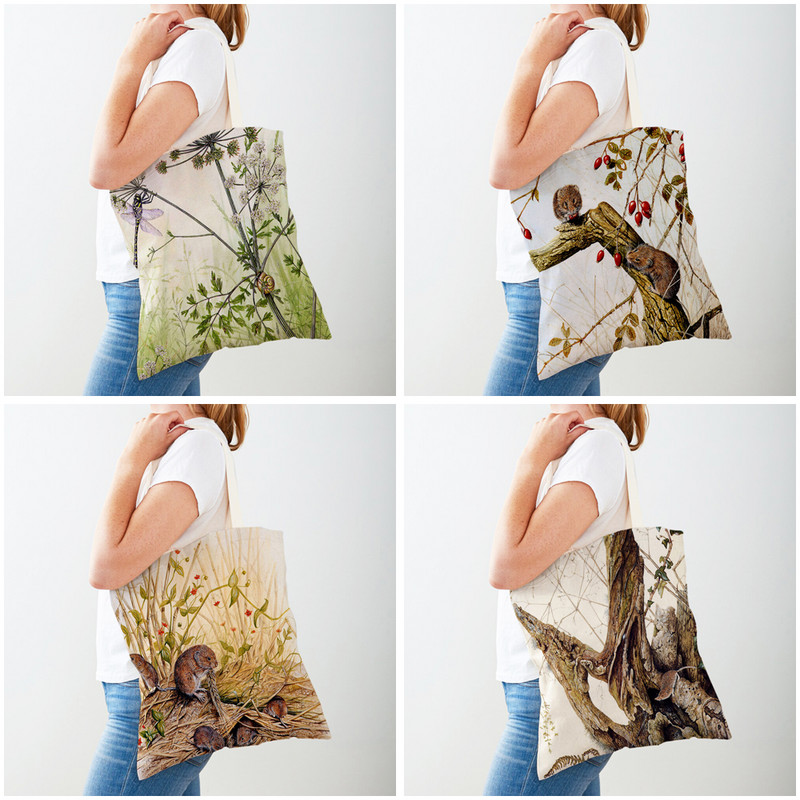 Дамска пазарска чанта Лисица Птица Катерица Двустранна пазарска чанта Платнена чанта за многократна употреба Ежедневна чанта през рамо