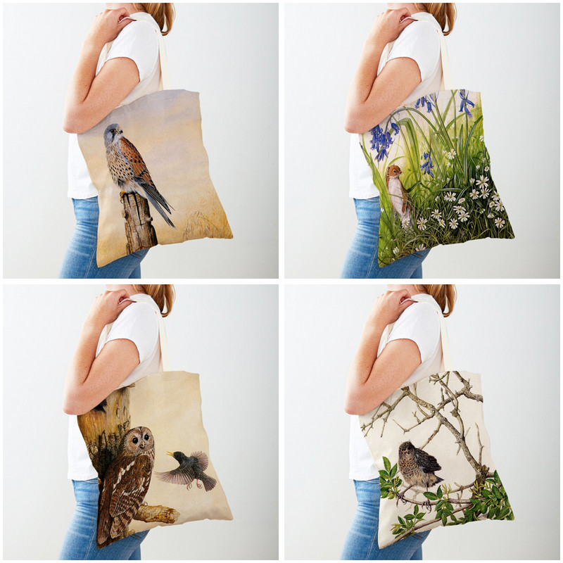 Дамска пазарска чанта Лисица Птица Катерица Двустранна пазарска чанта Платнена чанта за многократна употреба Ежедневна чанта през рамо