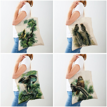 Γυναικείες τσάντες αγορών κινέζικης μελάνης Bird Γυναικεία τσάντα τσάντα καμβά και στις δύο όψεις επαναχρησιμοποιήσιμη τσάντα αγορών με ζωική εκτύπωση με κινούμενα σχέδια