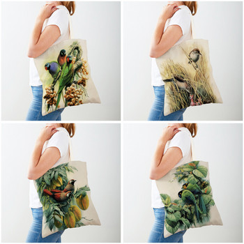 Γυναικείες τσάντες αγορών κινέζικης μελάνης Bird Γυναικεία τσάντα τσάντα καμβά και στις δύο όψεις επαναχρησιμοποιήσιμη τσάντα αγορών με ζωική εκτύπωση με κινούμενα σχέδια
