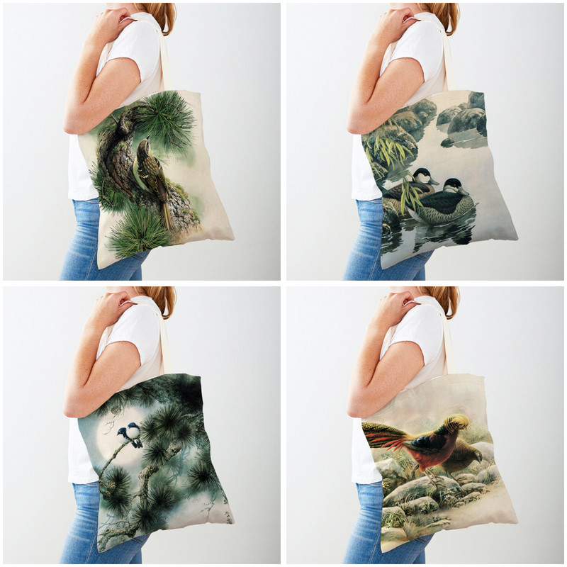Дамски чанти с китайско мастило и птица Двустранна дамска платнена чанта за многократна употреба Ежедневна пазарска чанта с анимационен животински принт