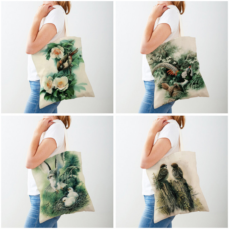 Дамски чанти с китайско мастило и птица Двустранна дамска платнена чанта за многократна употреба Ежедневна пазарска чанта с анимационен животински принт