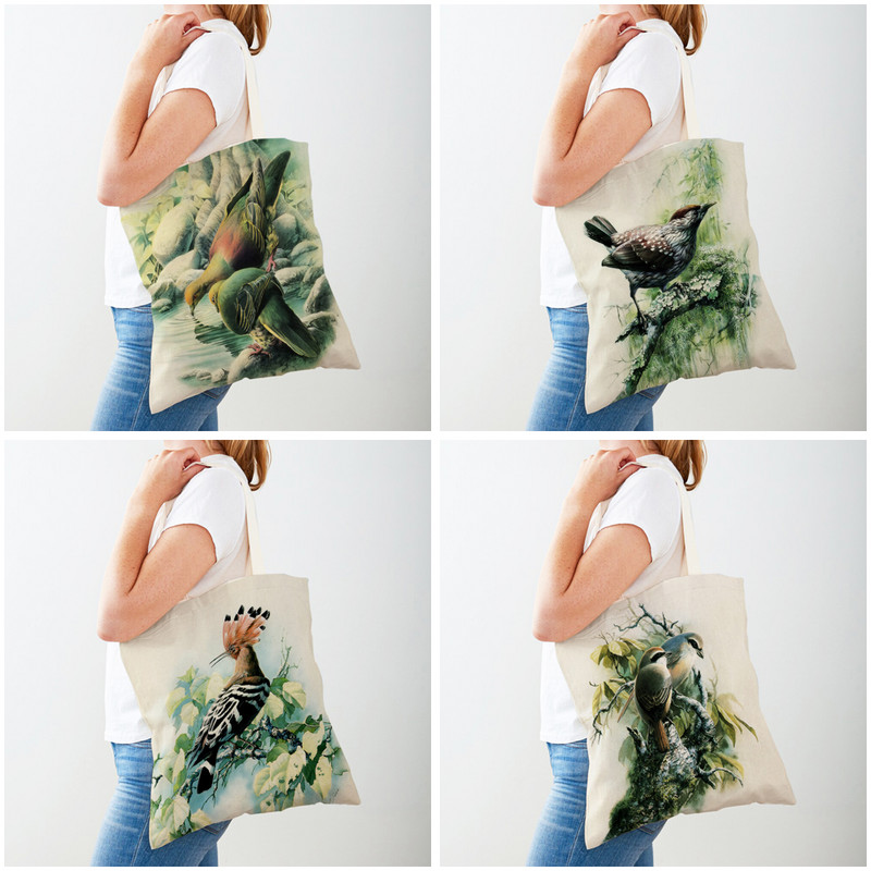 Дамски чанти с китайско мастило и птица Двустранна дамска платнена чанта за многократна употреба Ежедневна пазарска чанта с анимационен животински принт