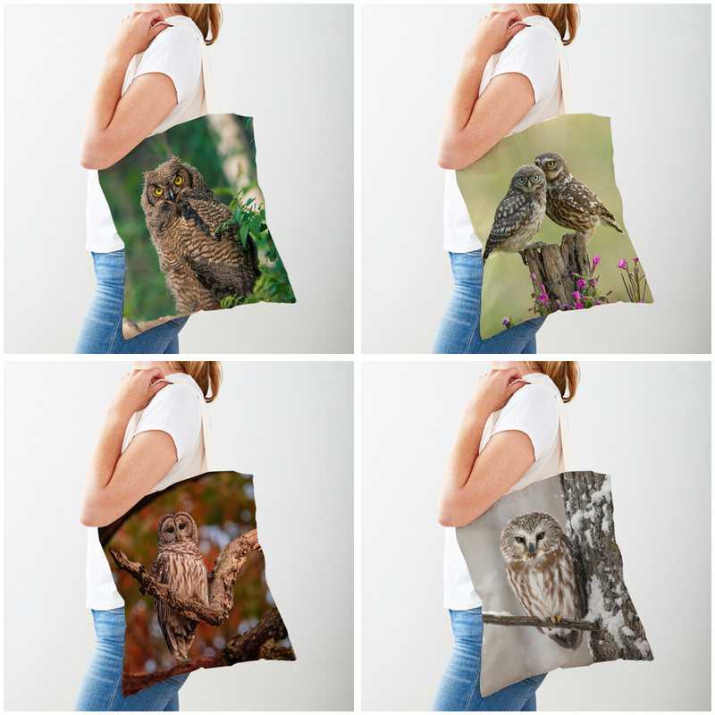 Модна чанта за пазаруване с диви животни, птица, бухал, ръчна чанта, двустранна платнена ежедневна студентска чанта за пазаруване през рамо за жени, деца