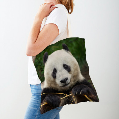 Mindkét oldalas kínai panda női bevásárlótáskák újrafelhasználható női utazótáska aranyos vadállat lány vászon táska váll kézitáska