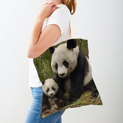 Mindkét oldalas kínai panda női bevásárlótáskák újrafelhasználható női utazótáska aranyos vadállat lány vászon táska váll kézitáska
