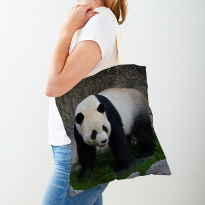 Mindkét oldalas kínai panda női bevásárlótáskák újrafelhasználható női utazótáska aranyos vadállat lány vászon táska váll kézitáska