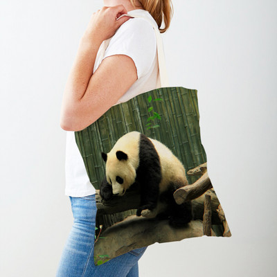 Mindkét oldalas kínai panda női bevásárlótáskák újrafelhasználható női utazótáska aranyos vadállat lány vászon táska váll kézitáska