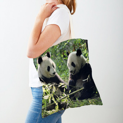 Mindkét oldalas kínai panda női bevásárlótáskák újrafelhasználható női utazótáska aranyos vadállat lány vászon táska váll kézitáska