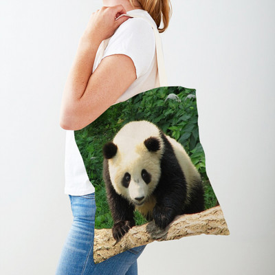 Mindkét oldalas kínai panda női bevásárlótáskák újrafelhasználható női utazótáska aranyos vadállat lány vászon táska váll kézitáska