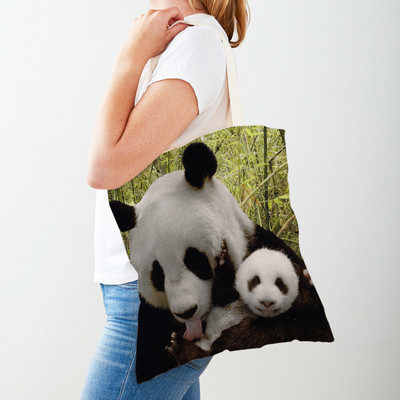 Mindkét oldalas kínai panda női bevásárlótáskák újrafelhasználható női utazótáska aranyos vadállat lány vászon táska váll kézitáska