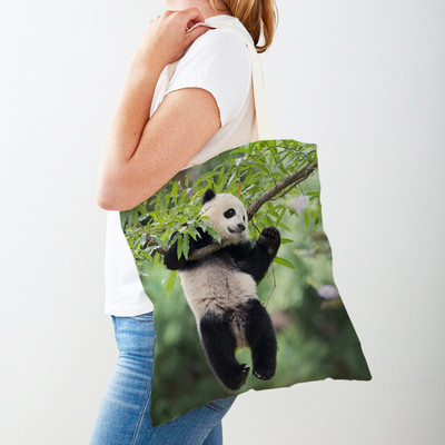 Mindkét oldalas kínai panda női bevásárlótáskák újrafelhasználható női utazótáska aranyos vadállat lány vászon táska váll kézitáska