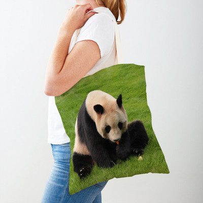 Mindkét oldalas kínai panda női bevásárlótáskák újrafelhasználható női utazótáska aranyos vadállat lány vászon táska váll kézitáska